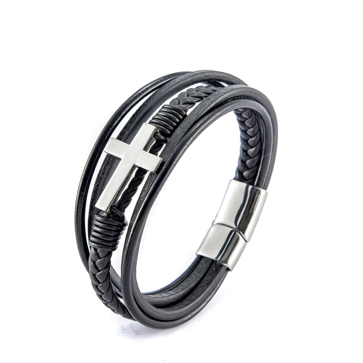 Men's Jewelry Stainless Steel Cross Fashion Bracelet Personality Multi Layer Braided Leather Bracelet_ipsvogv.com