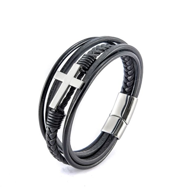 Men's Jewelry Stainless Steel Cross Fashion Bracelet Personality Multi Layer Braided Leather Bracelet_ipsvogv.com