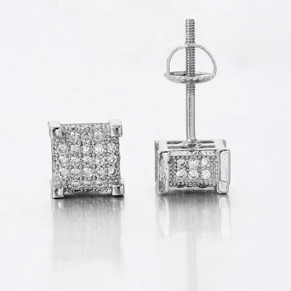 Square threaded men's micro inlaid zircon full diamond earrings, street trendy hip-hop popular earrings_ipsvogv.com