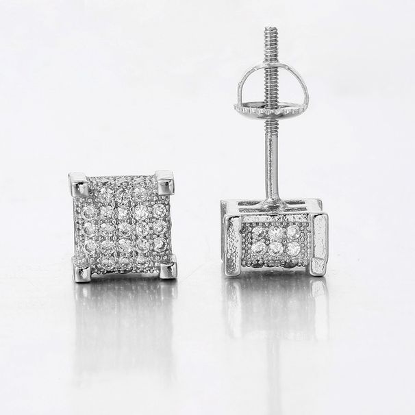 Square threaded men's micro inlaid zircon full diamond earrings, street trendy hip-hop popular earrings_ipsvogv.com