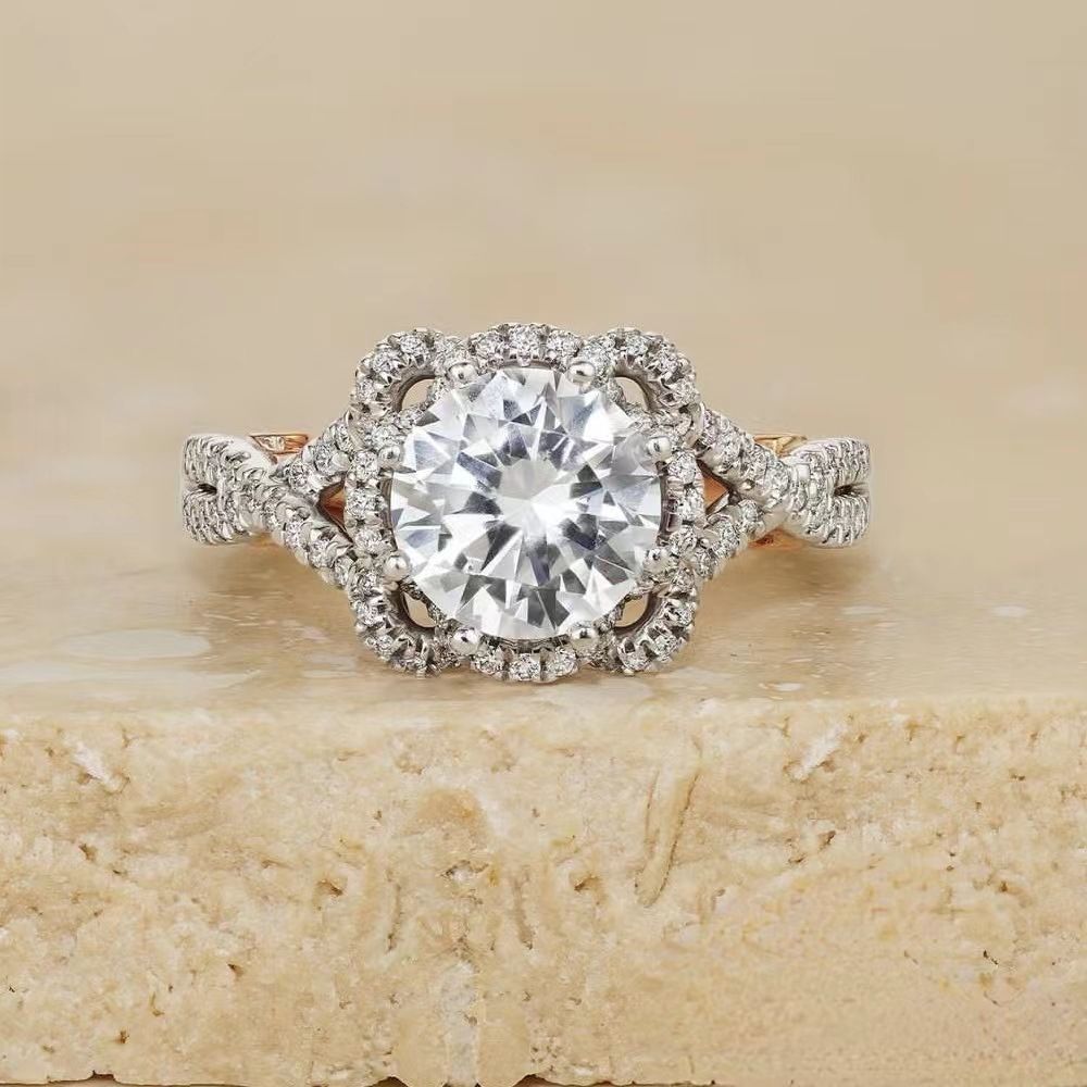 Sanjie Commuter Rose Gold White Diamond Round Flower Edge Cross Ring Korean Edition Fashion Accessories For Women_ipsvogv.com
