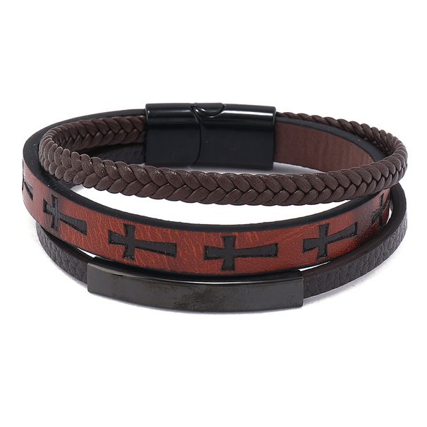 New Style Jewelry Printed Cross Men's Leather Woven Magnetic Buckle Bracelet Versatile Simple Wristband_ipsvogv.com