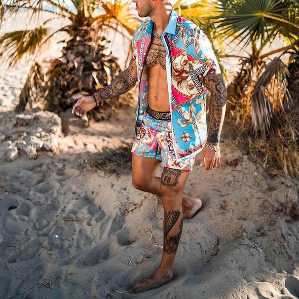 Printed short-sleeved shirt and board shorts vacation set_ipsvogv.com