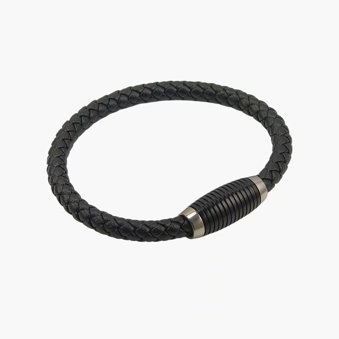 New Stainless Steel Men's Simple Personality Mesh Tube Leather Cord Magnetic Buckle DIY Bracelet_ipsvogv.com