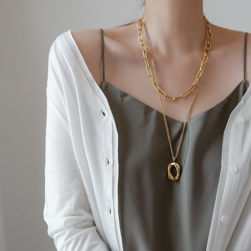 Women's Jewelry Geometric Titanium Steel Double Layer Necklace Niche Design High End Light Luxury Simple Sweater Chain In Autumn And Winter_ipsvogv.com