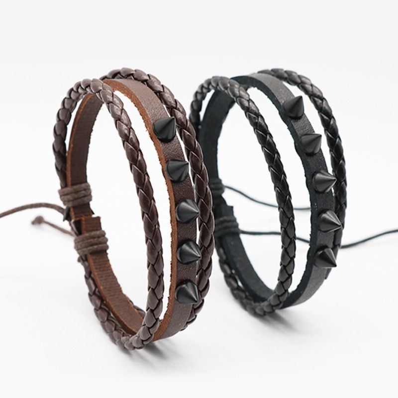 Hip Hop Black Studded Leather Bracelet Men's Rock Style Wristband Cool Handmade Punk_ipsvogv.com