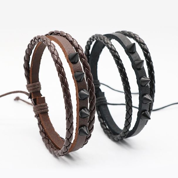 Hip Hop Black Studded Leather Bracelet Men's Rock Style Wristband Cool Handmade Punk_ipsvogv.com