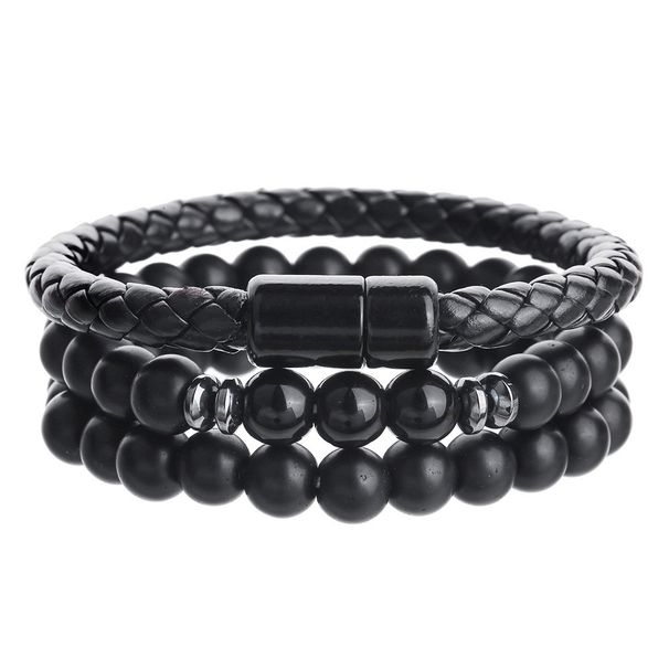 Fashion Hip-Hop Punk Beaded Leather Magnetic Clasp Bracelet Set Layered Black Onyx Tiger Eye Stone Jewelry_ipsvogv.com