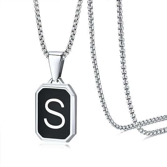 hot selling stainless steel 26 English men and women fashion black square capital English titanium steel necklace_ipsvogv.com