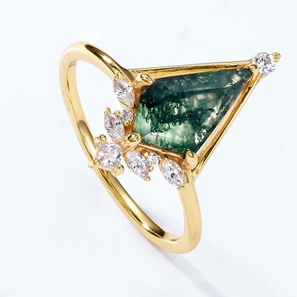 Natural Water Grass Agate Combination Ring Women's S925 Silver Geometric Green Moss Stone Ring Light Luxury_ipsvogv.com