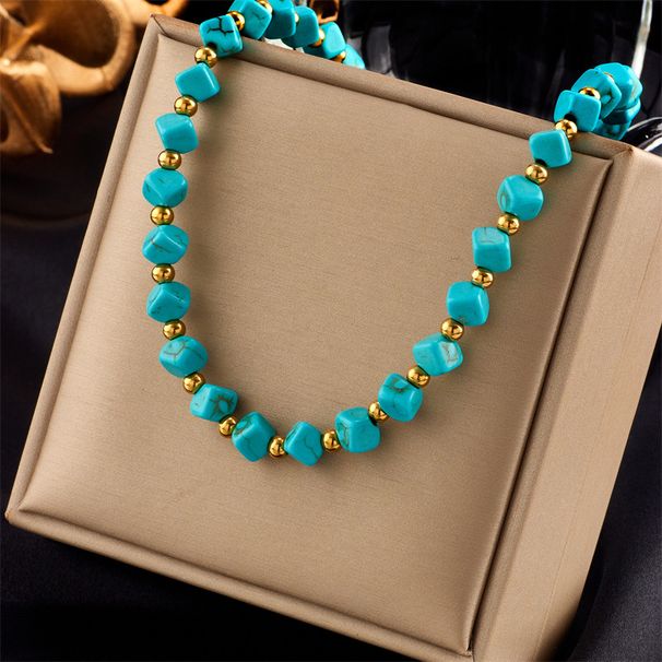 European and American cross-border new creative personality retro niche design turquoise titanium steel beaded woven necklace_ipsvogv.com