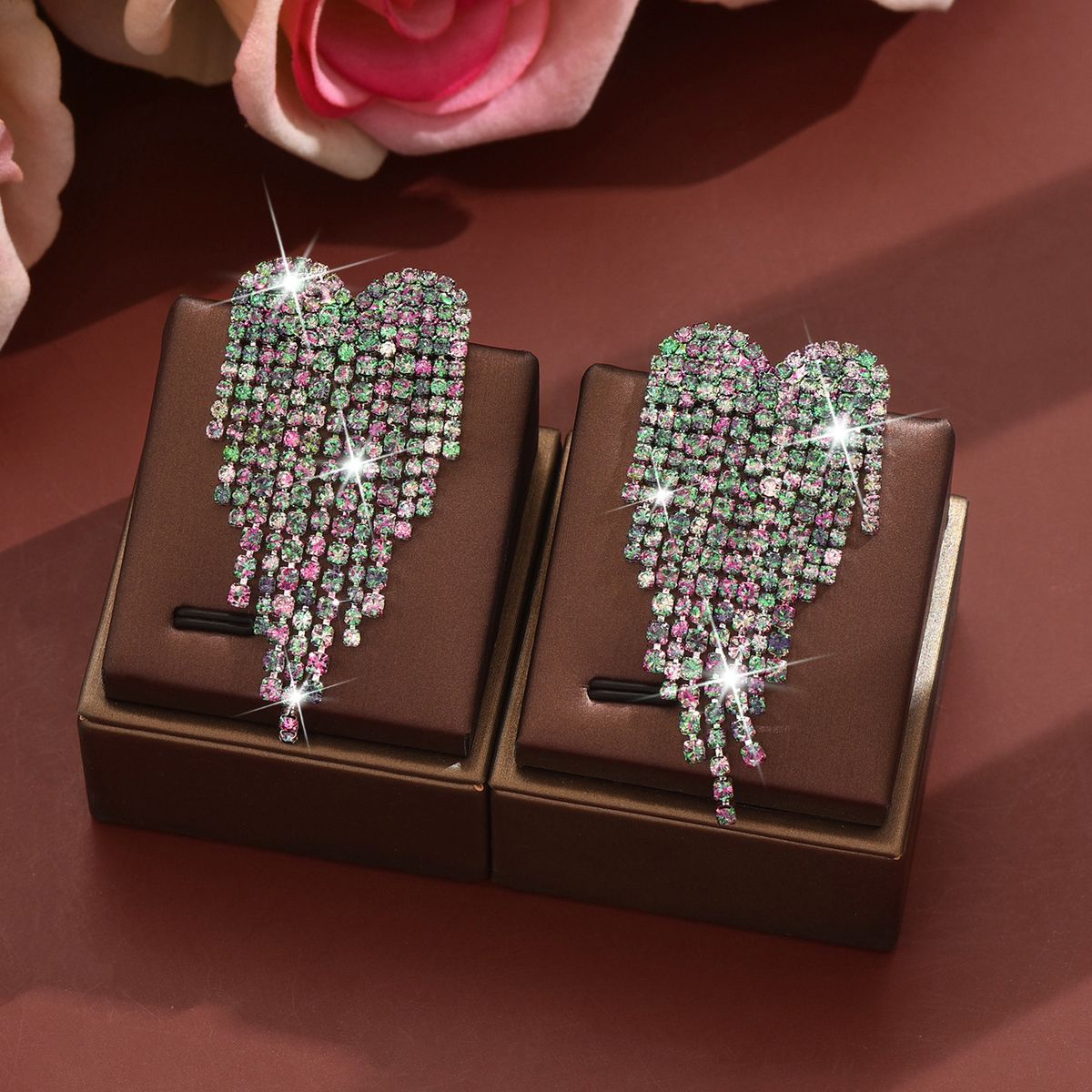 Unisex Fashion Color Earrings Full Diamond Long Tassel Heart Earrings For Women Temperament Water_ipsvogv.com