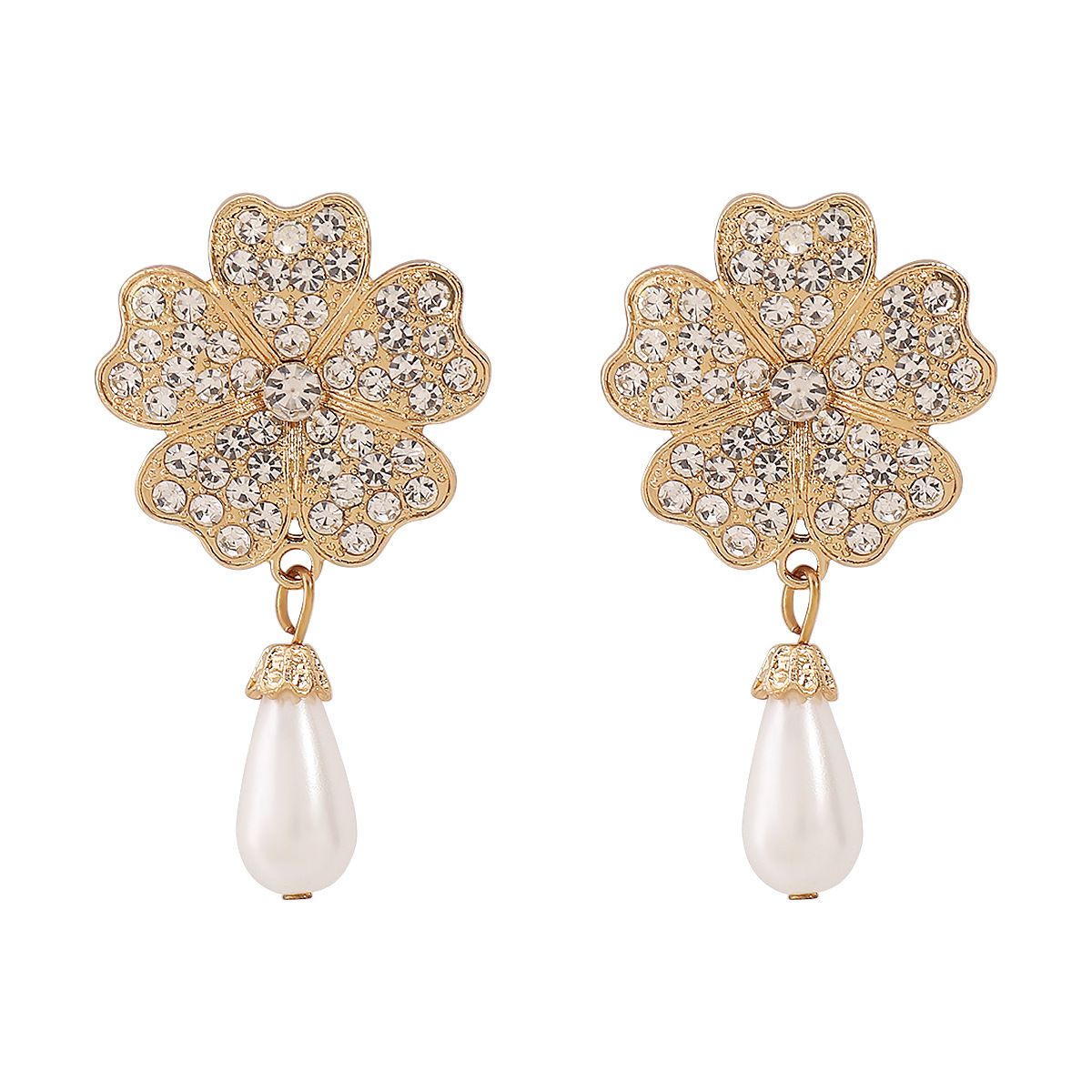 B2760 French style floral diamond embellishments with white pearl earrings, necklace, bracelet, three piece bridal_ipsvogv.com