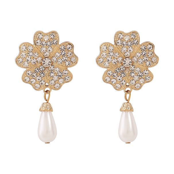 B2760 French style floral diamond embellishments with white pearl earrings, necklace, bracelet, three piece bridal_ipsvogv.com