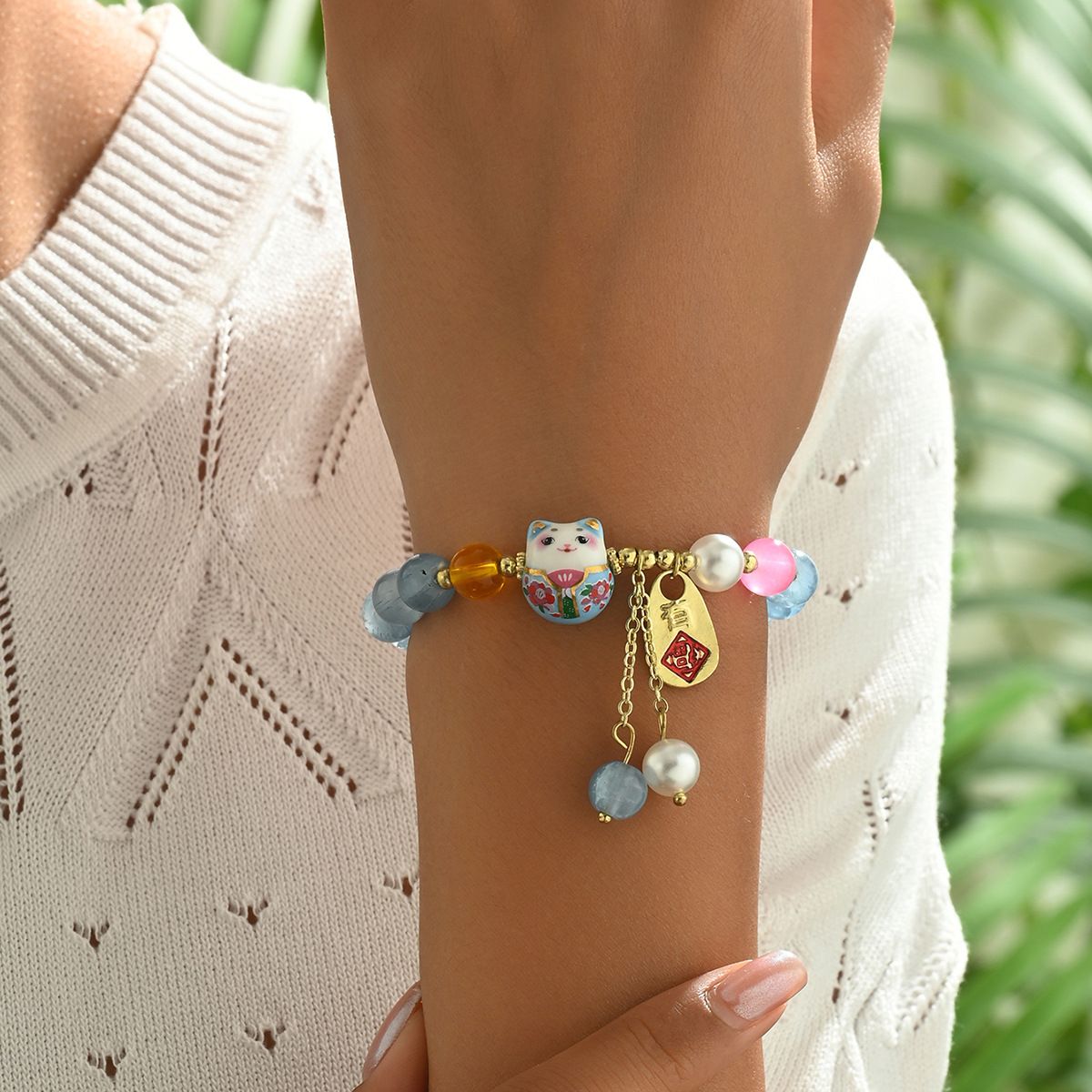 Simple New China-Chic Women's Personalized Lucky Cat Bead Design Small Handband Versatile High grade Handwear_ipsvogv.com