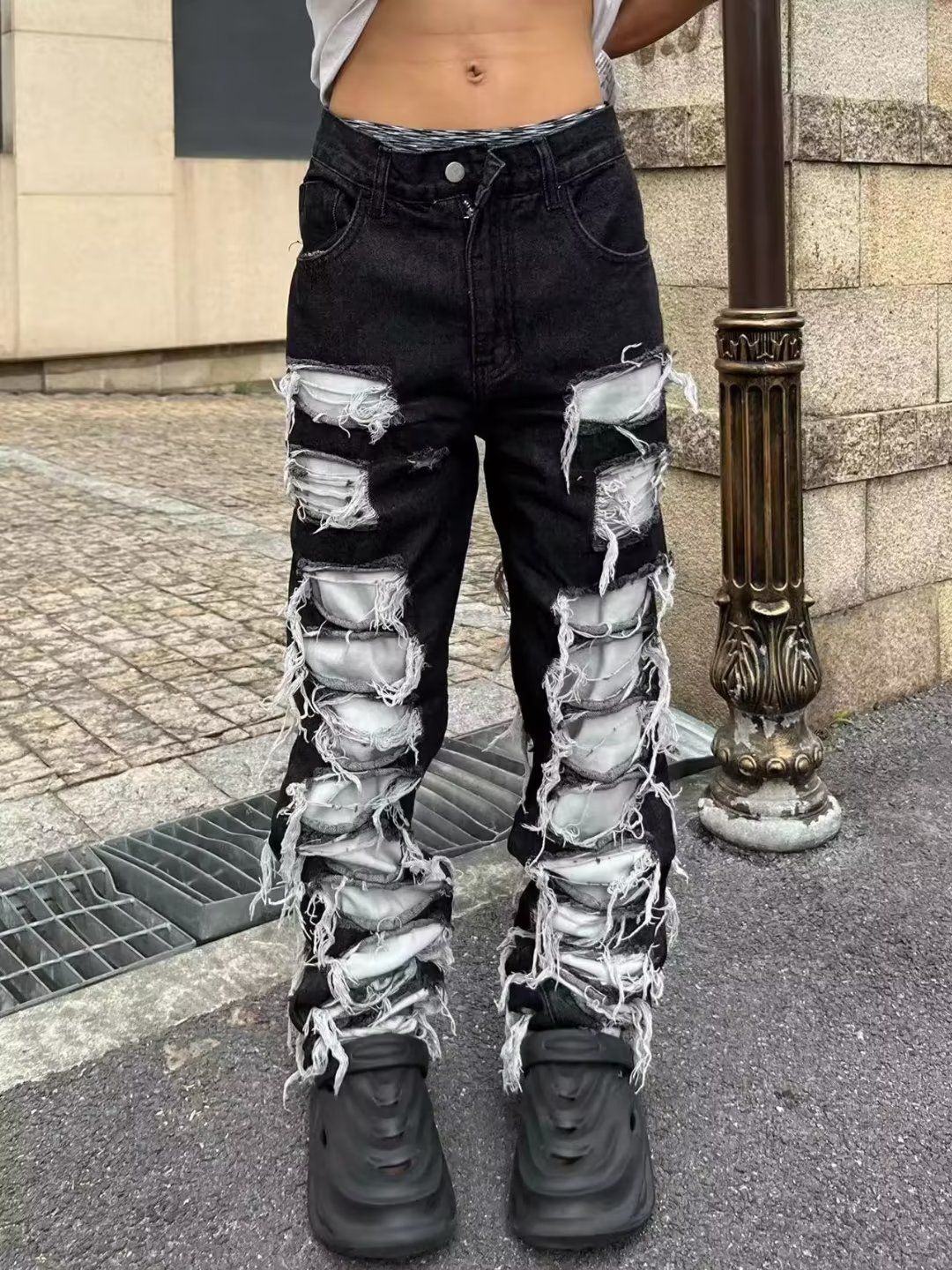 Men's Clothing Erosion and damage to the raw edge jeans men's niche design pants hiphop trendy brand slim flared pants_ipsvogv.com