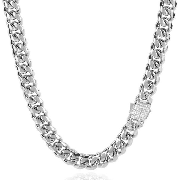 Men's Jewelry Zircon Spring Buckle Titanium Steel Necklace Jewelry Stainless Steel Cuban Chain Men's Hip Hop Necklace_ipsvogv.com