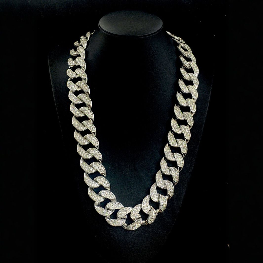 Hip Hop Zinc Alloy 30mm Wide Plated Full Diamond Large Gold Cuban Chain Necklace_ipsvogv.com