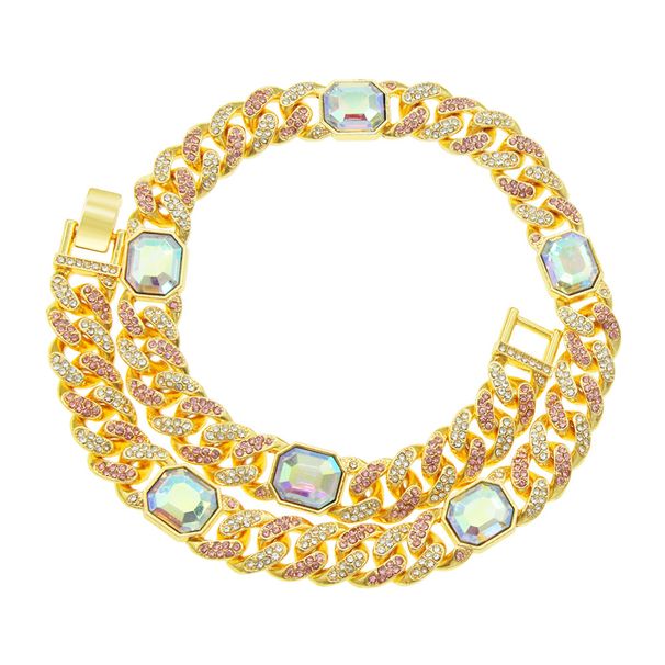 Exaggerated Colorful Square Cuban Chain Trendy Necklace Hip Hop Street Dance Wear Full of Diamond Dominant Men's Jewelry_ipsvogv.com