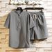 Men's Clothing two-piece suit stand-up collar retro short-sleeved suit casual solid color cotton and linen two-piece suit_ipsvogv.com