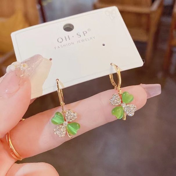 Women's Earrings Four-leaf clover cat's eye ear buckle girls fresh everything temperament earrings_ipsvogv.com