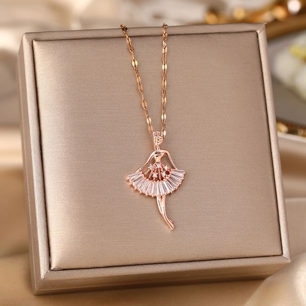 High End Micro Inlaid Zircon Ballet Girl Pendant, Titanium Steel Necklace, Women's Fashionable And Versatile Accessory_ipsvogv.com