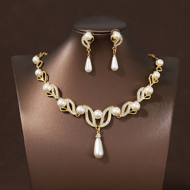 Pearl Necklace Earring Set For Women's Fashionable Temperament, Alloy Droplet Shaped Bride Dress Accessories_ipsvogv.com