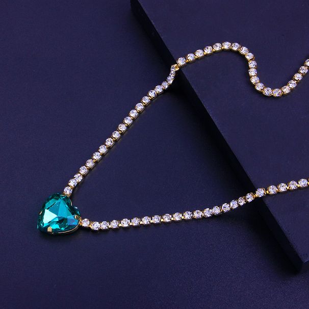 Love Necklace Rhinestone Emerald Pendant Clavicle Neck Chain Single-layer Chain Simple Fashion Women_ipsvogv.com