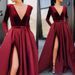 Women's Clothing wine red deep V sexy dress long sleeve slit dress big swing skirt bridesmaid dress_ipsvogv.com