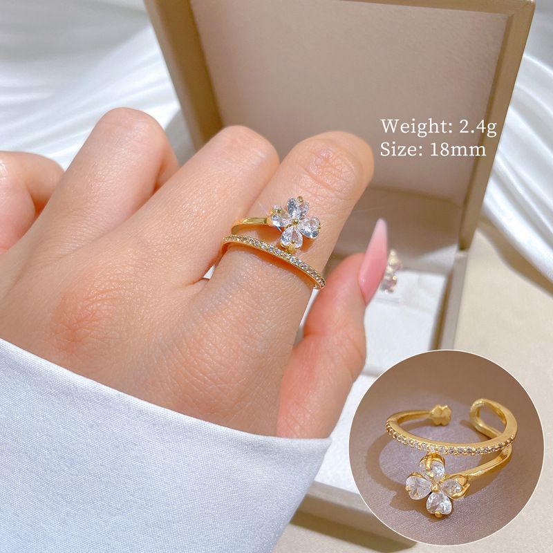 【 Real Gold 】 Lucky Flower Full Diamond With Adjustable Opening, Simple Handmade Ring, Couple's Pair Ring_ipsvogv.com