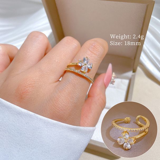 【 Real Gold 】 Lucky Flower Full Diamond With Adjustable Opening, Simple Handmade Ring, Couple's Pair Ring_ipsvogv.com