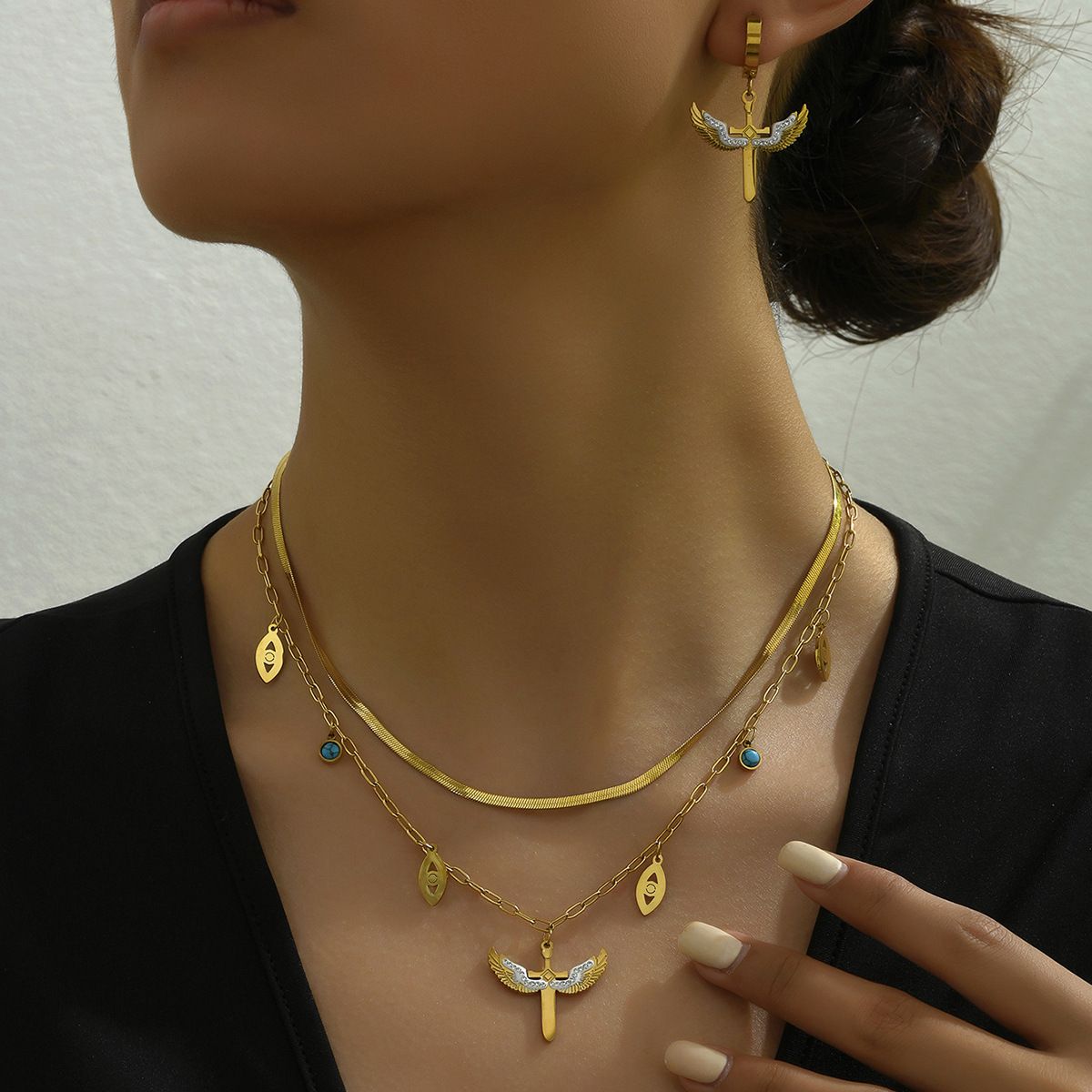 Personalized earring necklace set, niche inlaid zircon ear buckle double-layer design, long collarbone chain_ipsvogv.com