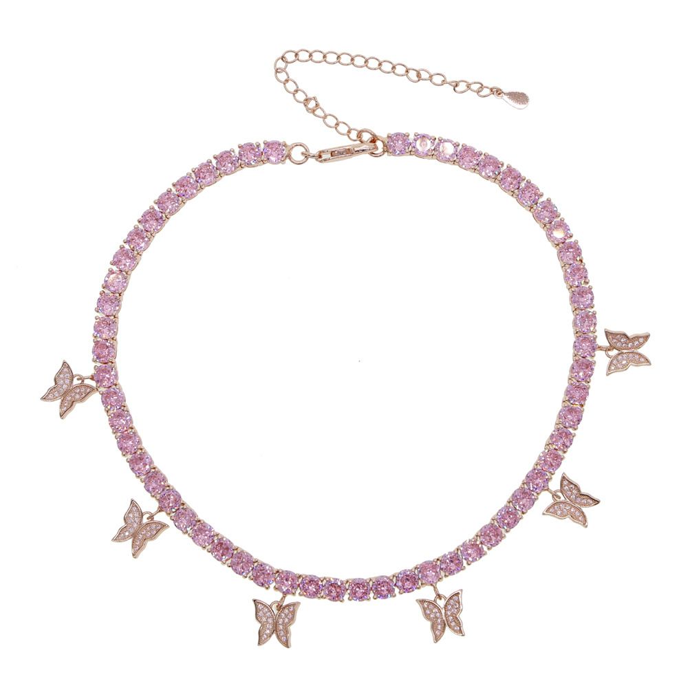 Women's Jewelry White Zircon Tennis Chain Necklace Tennis Choker Butterfly Pendant Adjustable 32+10_ipsvogv.com