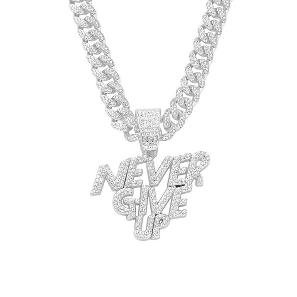 Hip Hop Alloy New NEVER GIVE UP Letter Full Diamond Pendant Cuban Necklace_ipsvogv.com