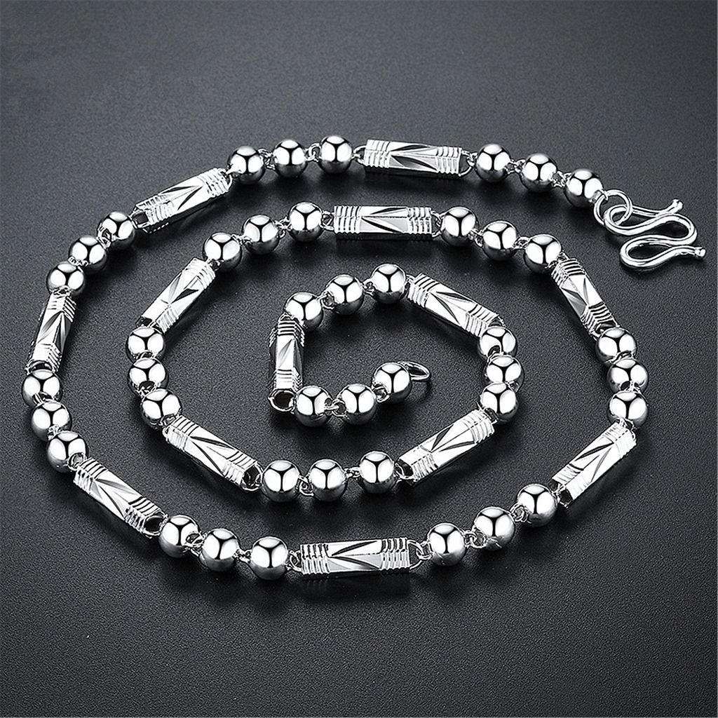 Silver Round Chain Three Buddha Bead Trendy Men's Dominant Hexagonal Rectangular Tube Necklace_ipsvogv.com