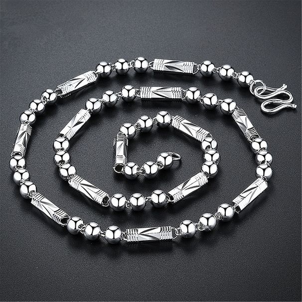 Silver Round Chain Three Buddha Bead Trendy Men's Dominant Hexagonal Rectangular Tube Necklace_ipsvogv.com