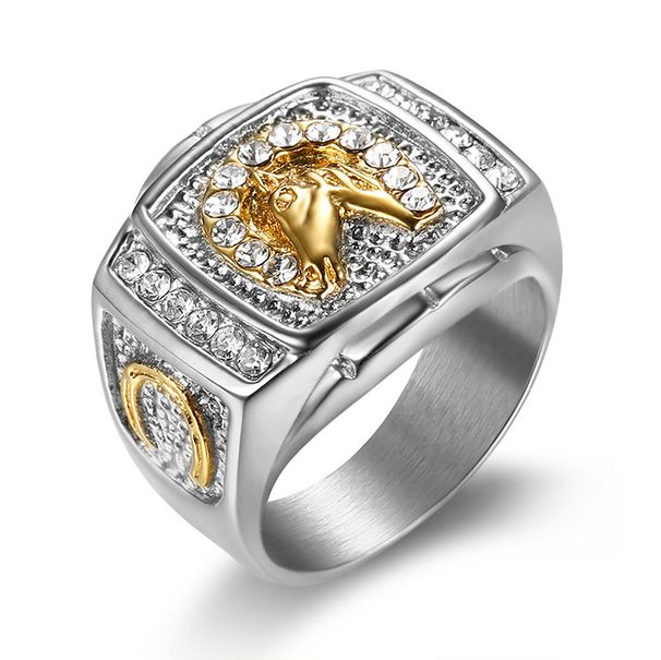 Men's Jewelry Popular Hip Hop HIPHOP Jewelry Titanium Steel Gold Plated Diamond Horse Head Men's Ring_ipsvogv.com