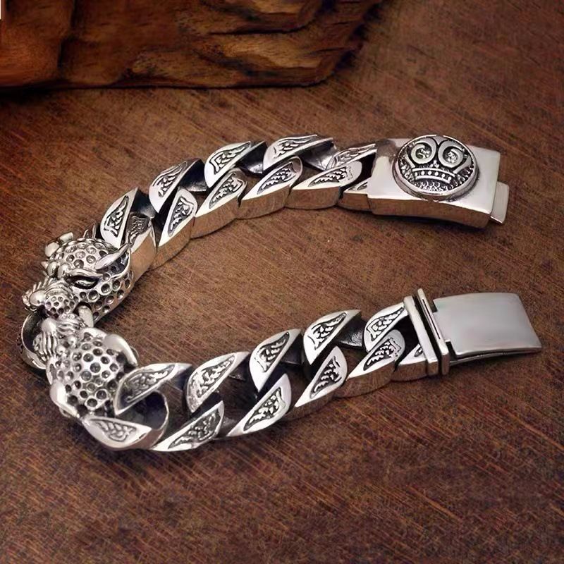 Thai Silver S Double Men's Personalized And Domineering Handwoven Leopard Old Hip Hop Trendy Bracelet_ipsvogv.com