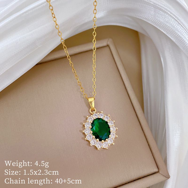 Steel 【 Titanium 】 Egg Shaped Green Light Luxury Temperament Gorgeous Full Diamond Necklace Women's Versatile Collarbone 【 】_ipsvogv.com