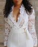 Women's sexy deep v white see-through lace splicing jumpsuit _ipsvogv.com