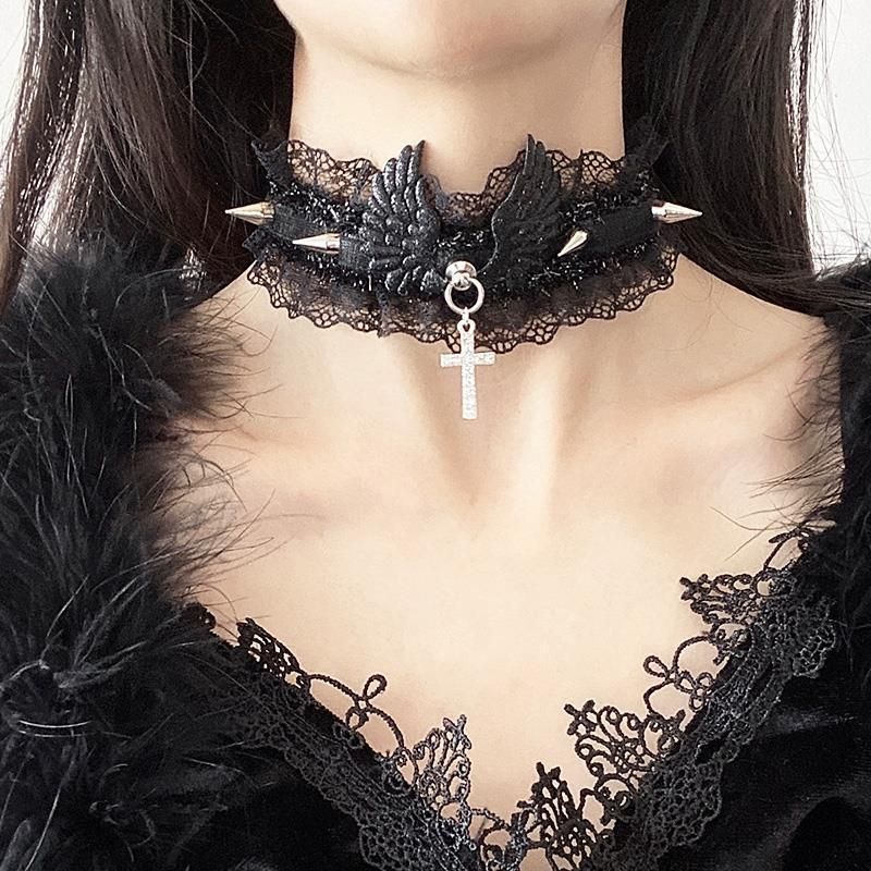 Dark Style Gothic Girl Angel Wings Lace Women Rivet Niche Lolita Necklace Cross Choker_ipsvogv.com
