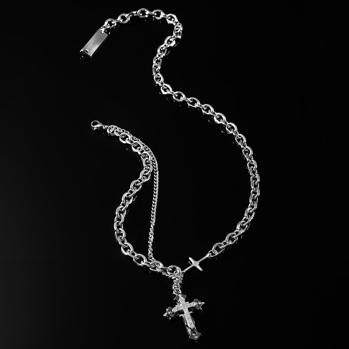 Hip hop titanium steel double-layer splicing cross necklace, women's high-end trendy cool long sweater chain ins_ipsvogv.com