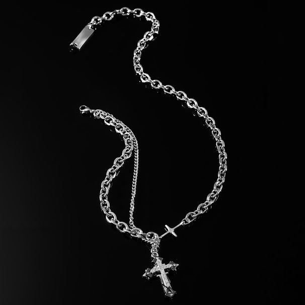 Hip hop titanium steel double-layer splicing cross necklace, women's high-end trendy cool long sweater chain ins_ipsvogv.com