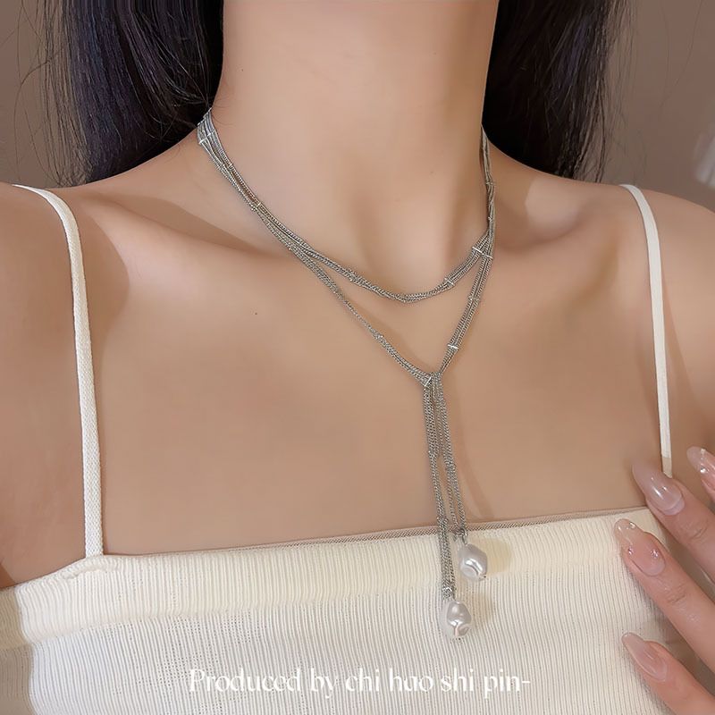 Silver White Double Layer Lace Wrapped Necklace Minimalist Style Long Layered Pearl Simple Clavicle Chain_ipsvogv.com