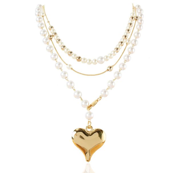Creative Multi Layer Pearl Alloy Heart Pendant Necklace Cross Border Retro Round Bead Necklace Female_ipsvogv.com