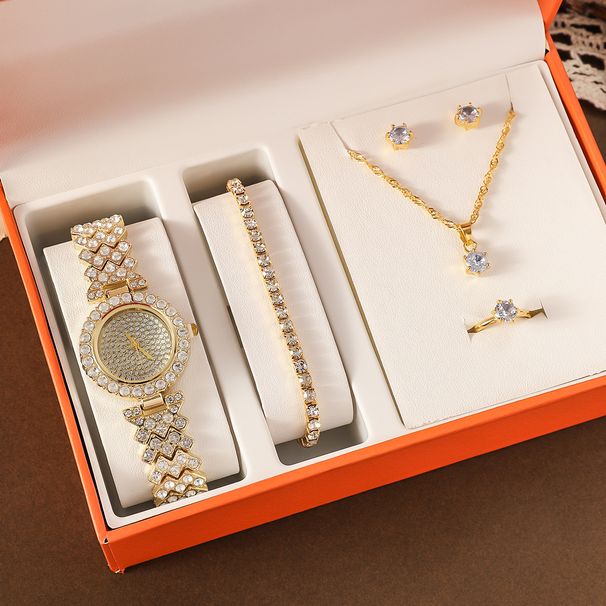 Women's Simple Full Diamond Steel Watch Bracelet Earrings Ring Necklace Six-piece Gift Set_ipsvogv.com