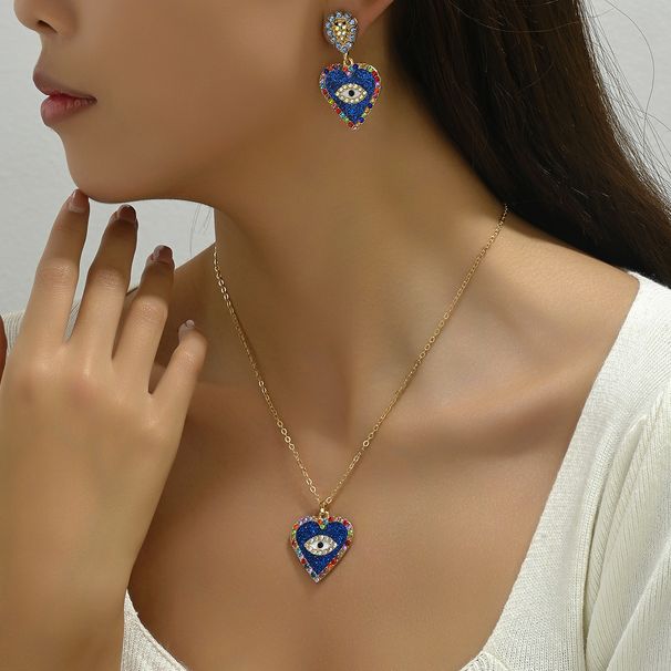 Simple and versatile with colorful diamond heart earrings, women's set, personalized devil's eye design, long necklace_ipsvogv.com