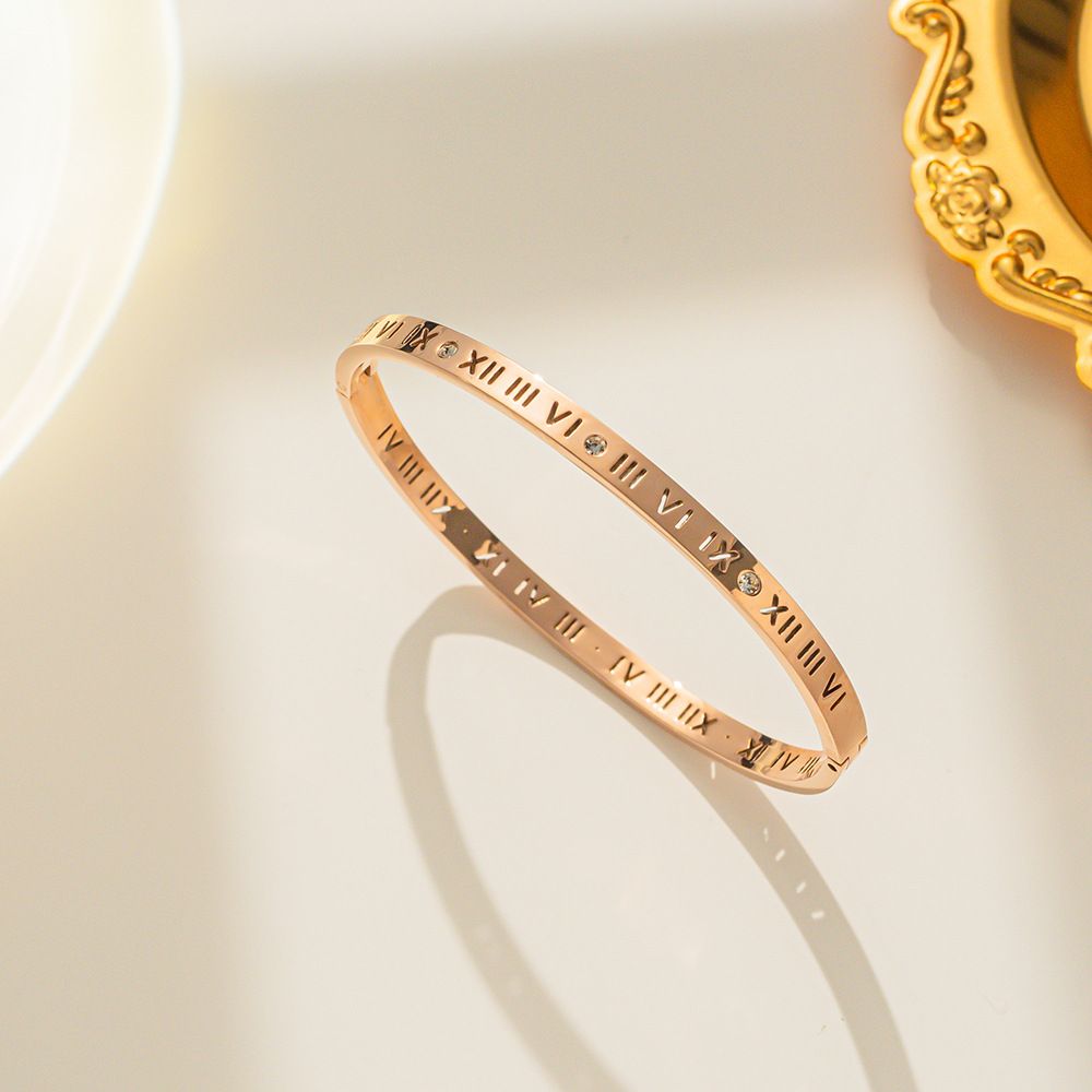 About Roman font titanium steel bracelet, Japan and South Korea creative jewelry, open hand ornament, electroplated real gold bracelet_ipsvogv.com