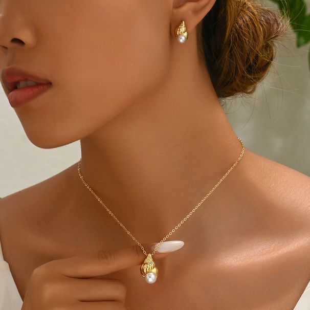 New ocean style women's necklace jewelry set with personalized conch inlaid pearl design earrings and collarbone chain_ipsvogv.com