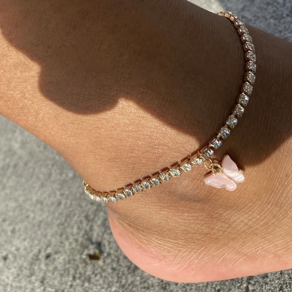 Personality Single-layer Butterfly Rhinestone Anklet Anklet Women's Simple Fresh Pink Butterfly Pendant Anklet_ipsvogv.com